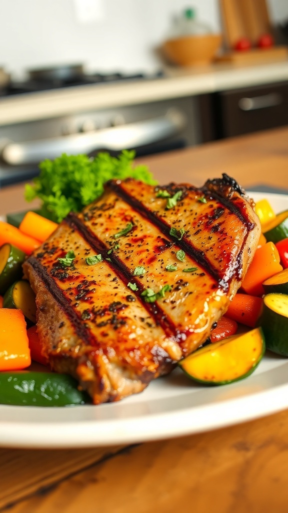 Air Fryer Boneless Pork Steaks Recipe Air fryer boneless pork steak garnished with herbs, served with roasted vegetables on a wooden table.